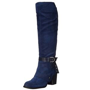 Fergie Blue Suede Harness Boots Women's
Size 8.5 Blue w Chunky Heel & Buckle
